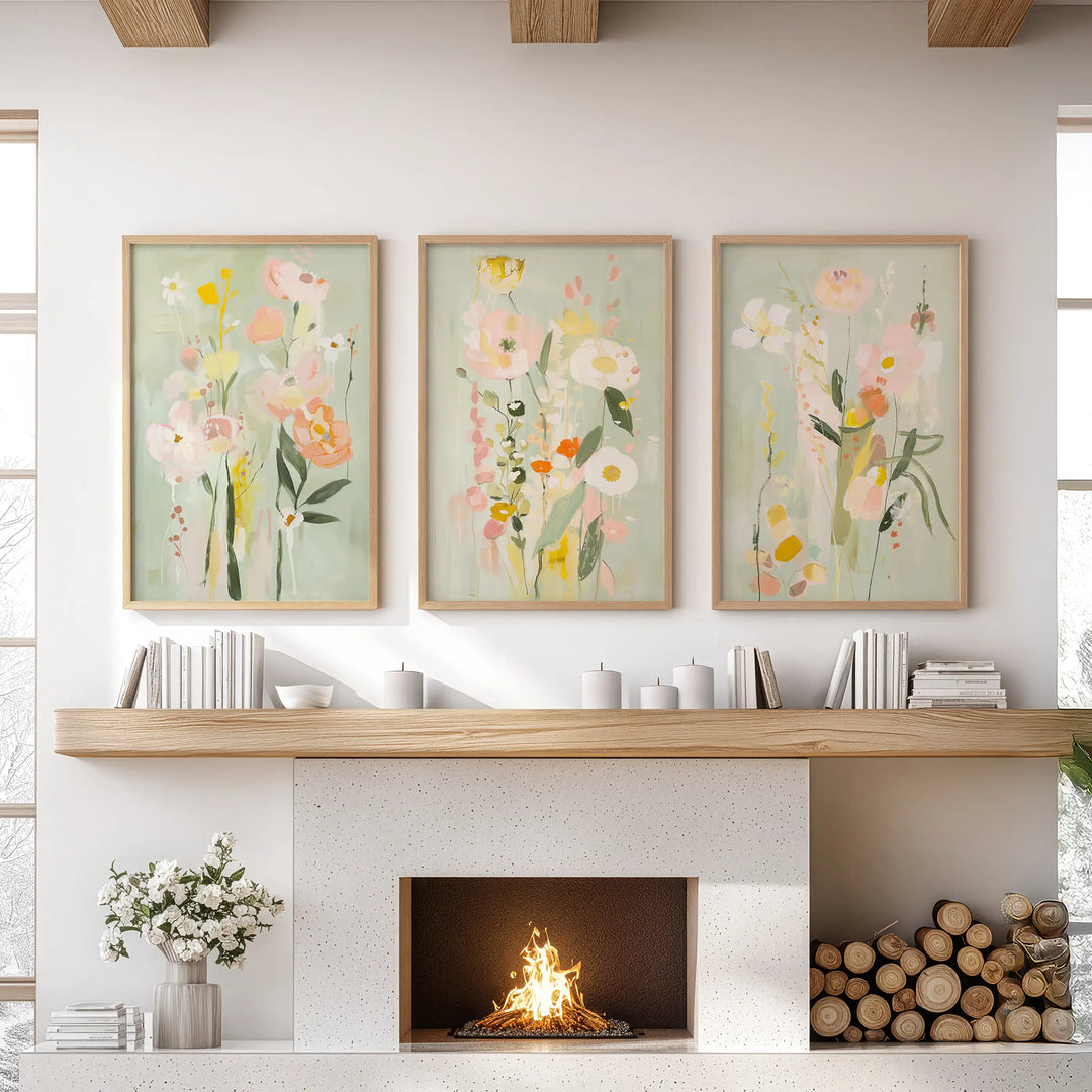 Modern Floral Art Set of 3. Colorful Abstract Meadow Prints