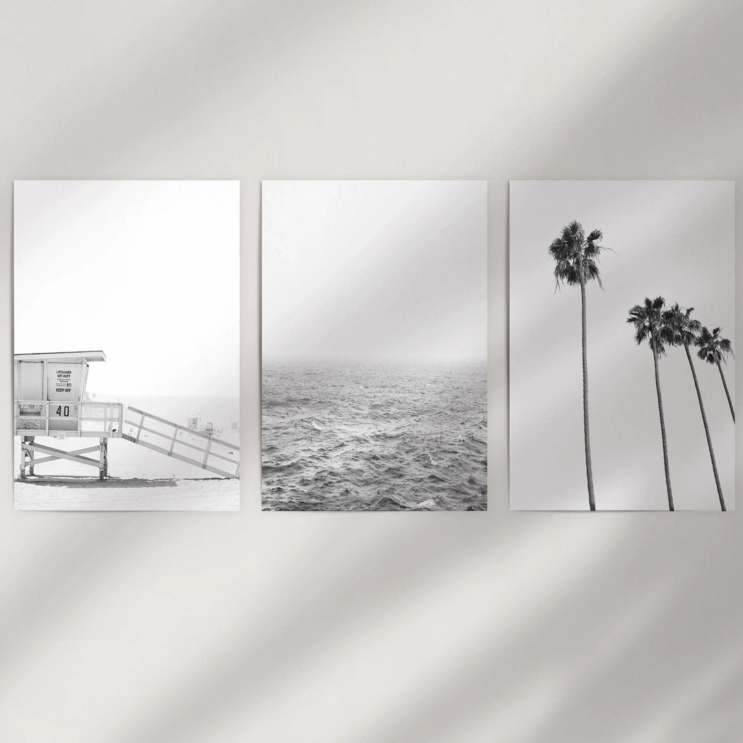 Black White Coastal Wall Art Set: Palms, Ocean, Lifeguard