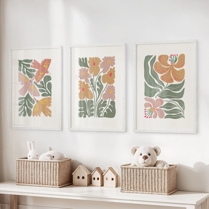 Abstract Botanical Set of 3 Prints. Retro Flower Gallery Art