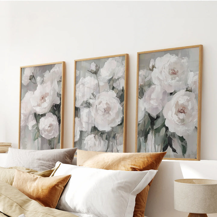 Romantic White Flower 3 Piece Wall Art. Peony Painting Print