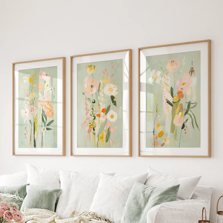 Modern Floral Art Set of 3. Colorful Abstract Meadow Prints