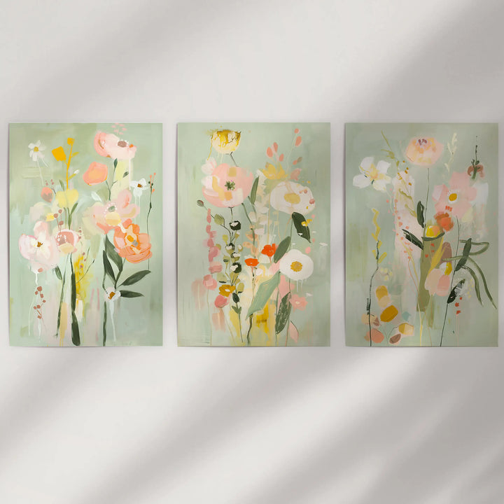 Modern Floral Art Set of 3. Colorful Abstract Meadow Prints